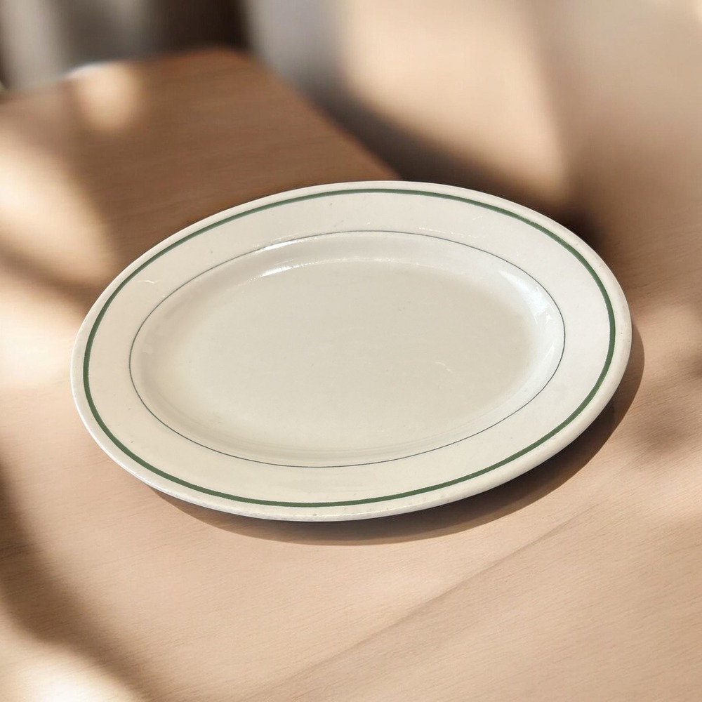 Buffalo China USA Vintage Oval Platter Cream with Green‎ Band Restaurant Ware